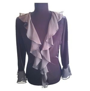 Sz M Xscape black velvet cardigan with ruffles